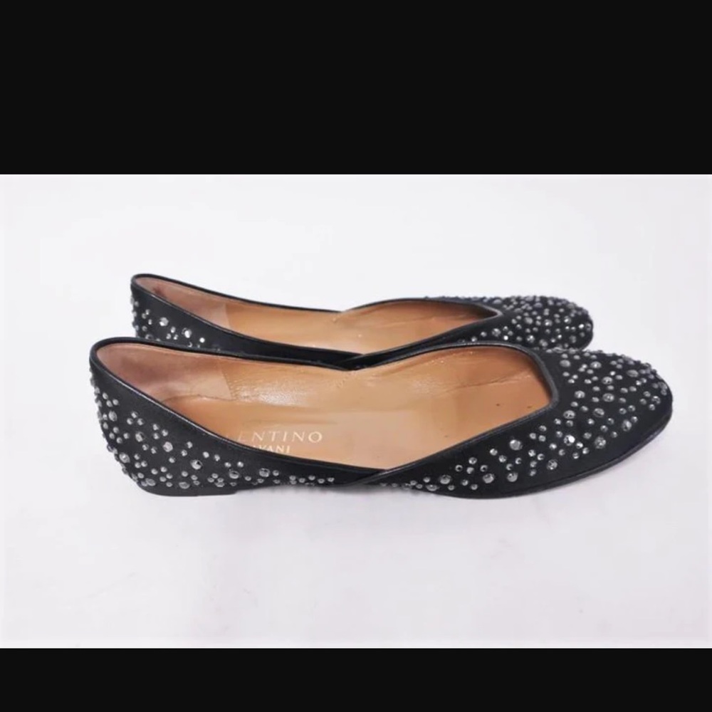 Valentino Garavani Swarovski Crystal Studded Flats Black Satin Size‎ 8.5